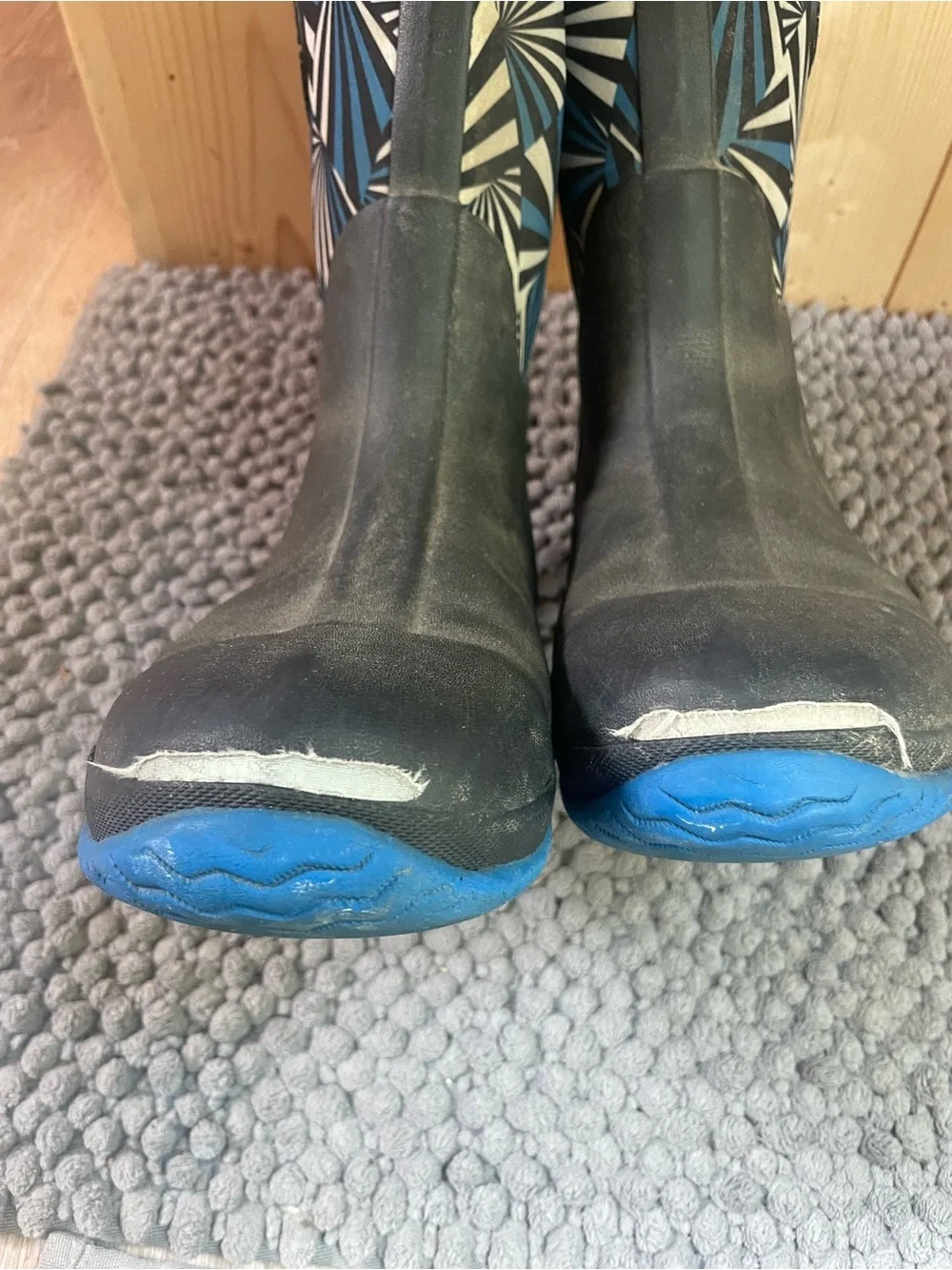 Kids Black and Blue Geometric Waterproof Rain Boots with Easy Pull Handles